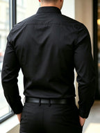 Premium Style Pleated Stand Collar Long Sleeve Shirt, Men'S Light Luxury Business Formal Top - Black