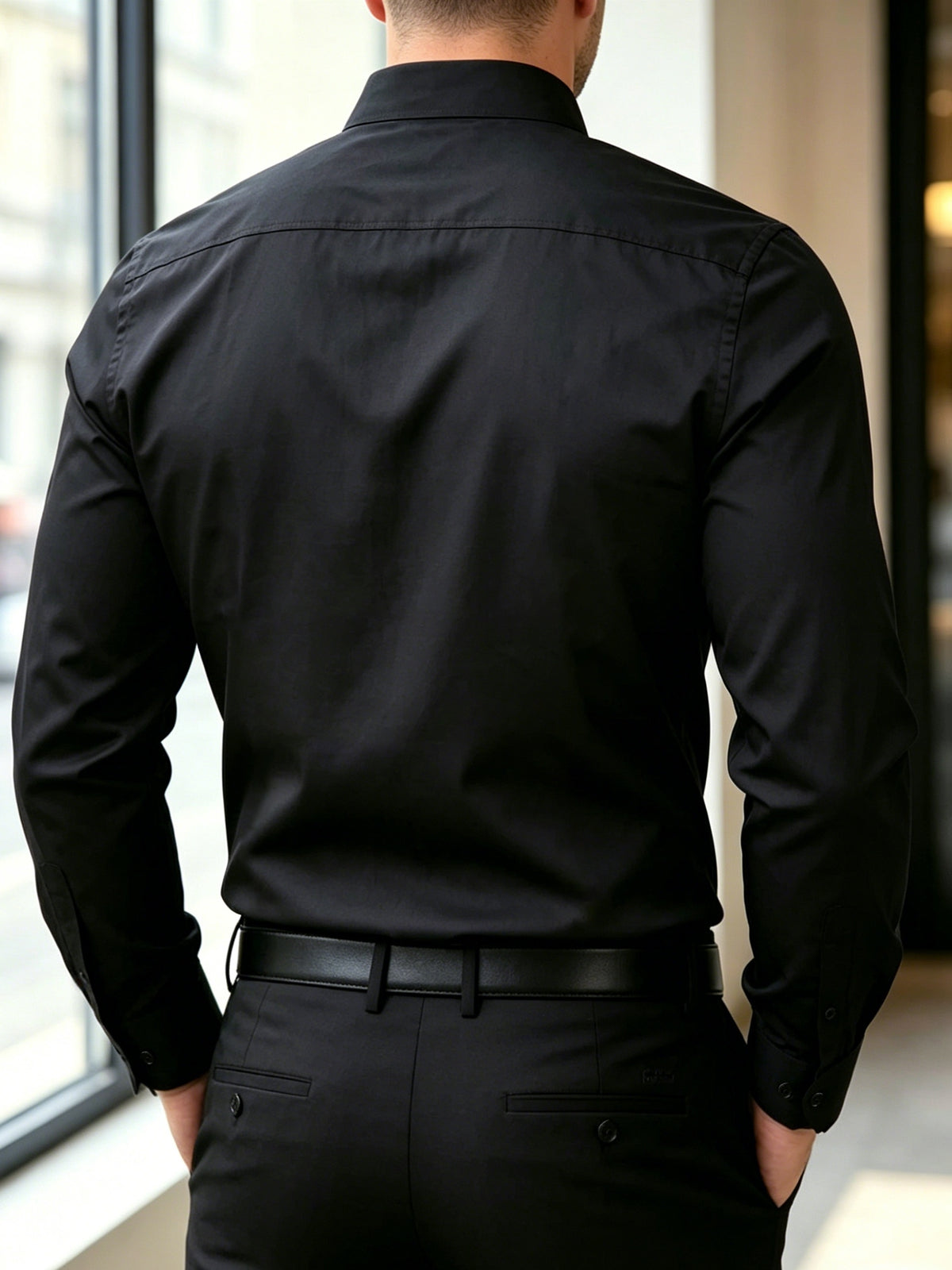 Premium Style Pleated Stand Collar Long Sleeve Shirt, Men'S Light Luxury Business Formal Top - Black