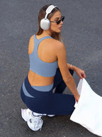 Women's 2pcs Set: Color-Block Bra and High-Waist Leggings, Street Style with an Instagram Vibe, Suitable for Daily Wear and Casual Gatherings. Recommended to Size Up. - Blue + Blue