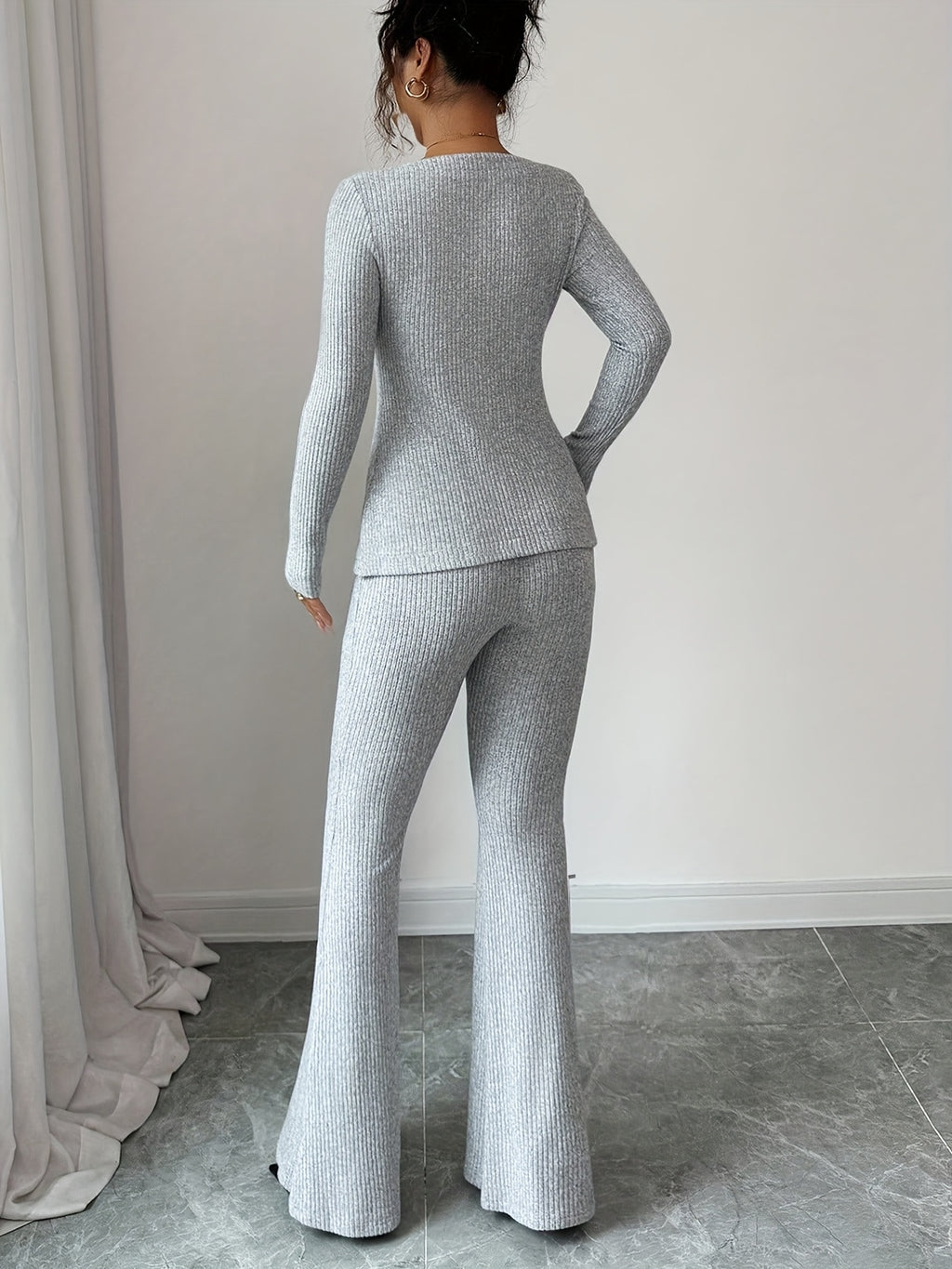 Elegant Fashion New Autumn Winter Solid Color Warm Square Neck Long Sleeve Slim Fit Waist Tie Bow Decor Top and Slim Fit Warm Flared Pants 2pcs Set - Space Gray