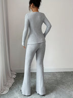 Elegant Fashion New Autumn Winter Solid Color Warm Square Neck Long Sleeve Slim Fit Waist Tie Bow Decor Top and Slim Fit Warm Flared Pants 2pcs Set - Space Gray
