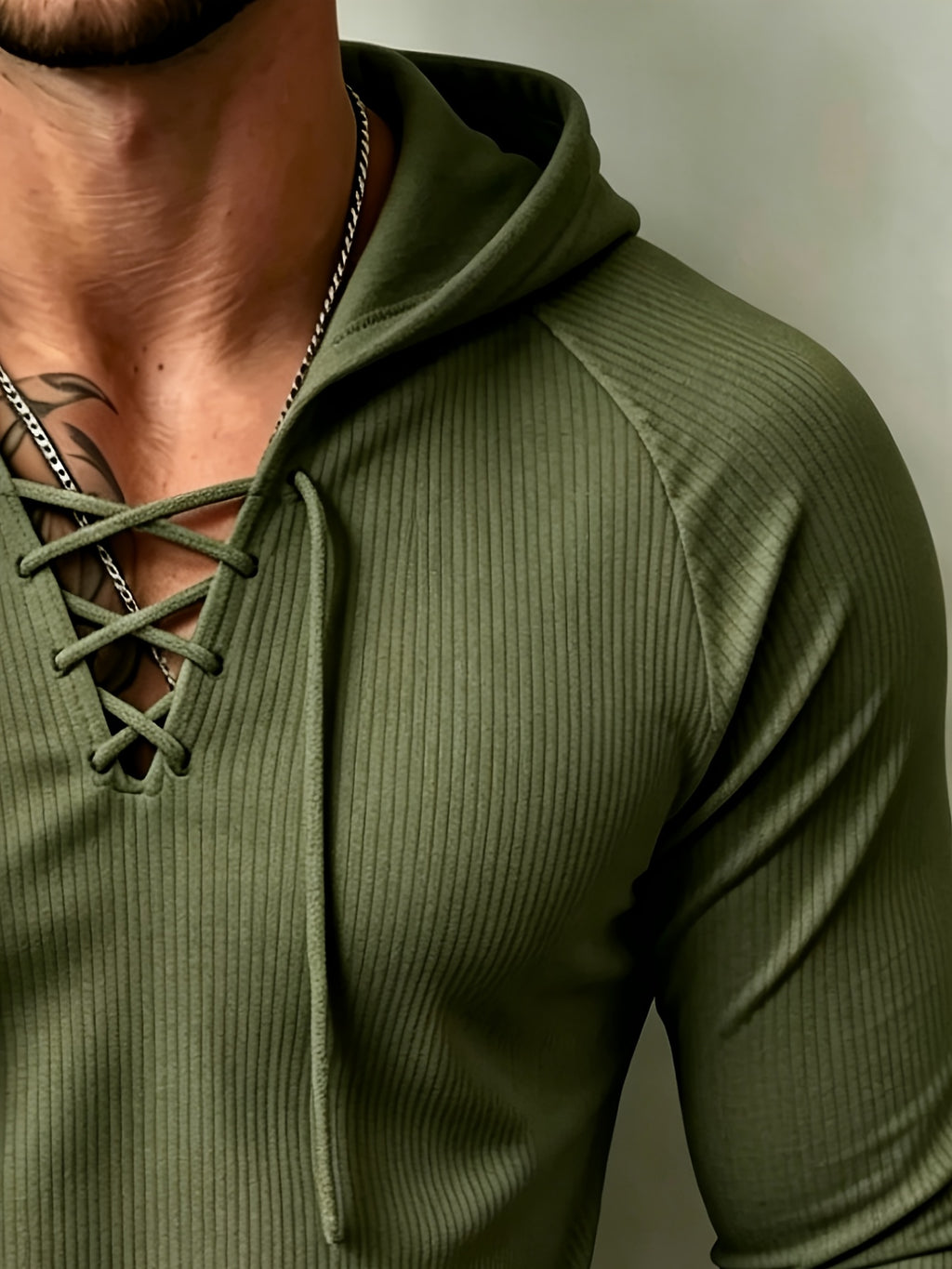 [Josh Mei OBM] Men'S Ribbed Drawstring Hoodie - Slim Fit Long Sleeve Pullover, with Adjustable Hood And Stretchy Fabric, Perfect for Casual Wear - Olive Green