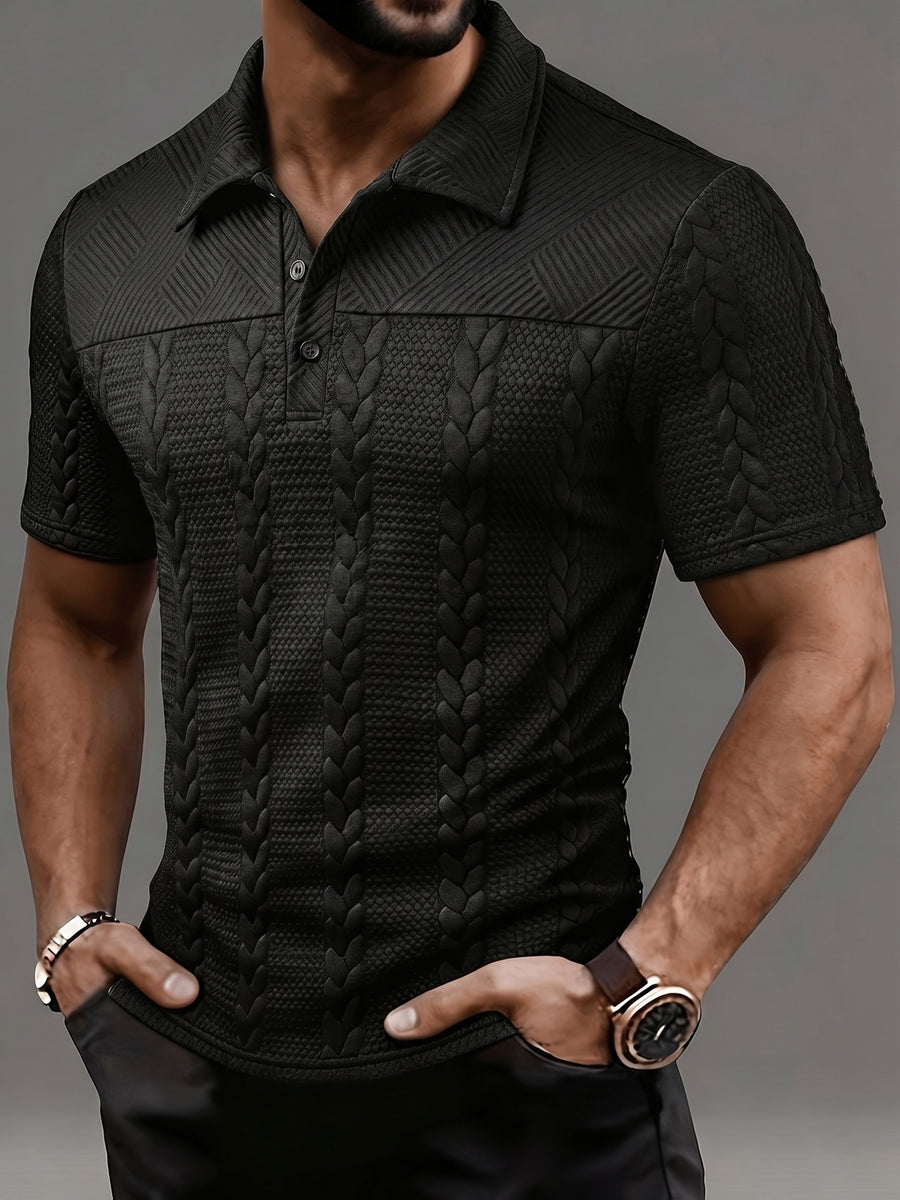 Men's Fashion Top, Spring/Summer Outdoor Casual Randomly Cut Wheat Ear Textured Fabric, Solid Color Lapel Button Patch Short Sleeve Men's Polo Shirt - Black