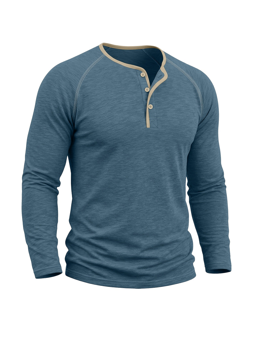 Autumn/Winter Cross-Border Men's Long Sleeve Crew Neck Henley Shirt, European and American Style Men's Pullover Base Layer T-Shirt - Cow Blue