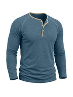 Autumn/Winter Cross-Border Men's Long Sleeve Crew Neck Henley Shirt, European and American Style Men's Pullover Base Layer T-Shirt - Cow Blue