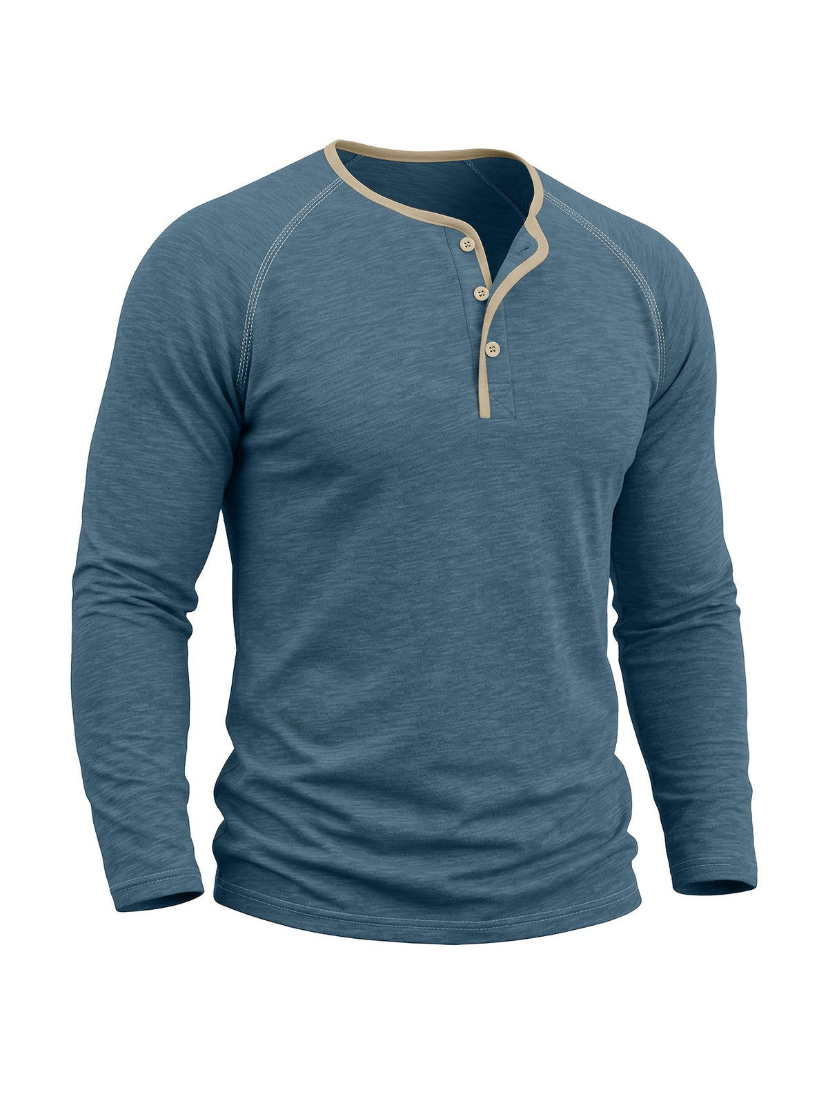 Autumn/Winter Cross-Border Men's Long Sleeve Crew Neck Henley Shirt, European and American Style Men's Pullover Base Layer T-Shirt - Cow Blue