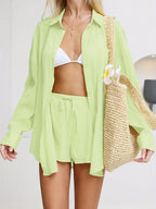 Women's 2pcs Shirt & Shorts Matching Outfit - Short-Sleeve Button-Front Blouse with Low-Rise Swim Shorts, Solid Color Loose Fit Beachwear for Spring Summer Vacation, 2pcs Ensemble (Machine Washable) - Yellow-green