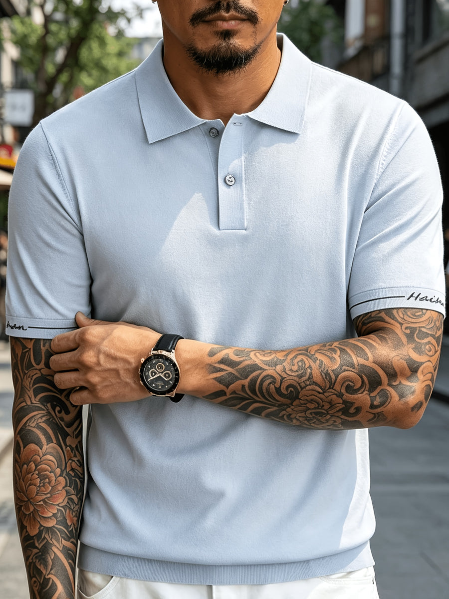 Men's Knitted Short-Sleeve Polo Shirt - Urban Street Scene Exterior Shot, Slim Fit, Lapel Collar, Two-Button, Business Casual Commuter Thin Top, Solid Color Knit Top with Embroidered Cuff Design - Tianqinglan