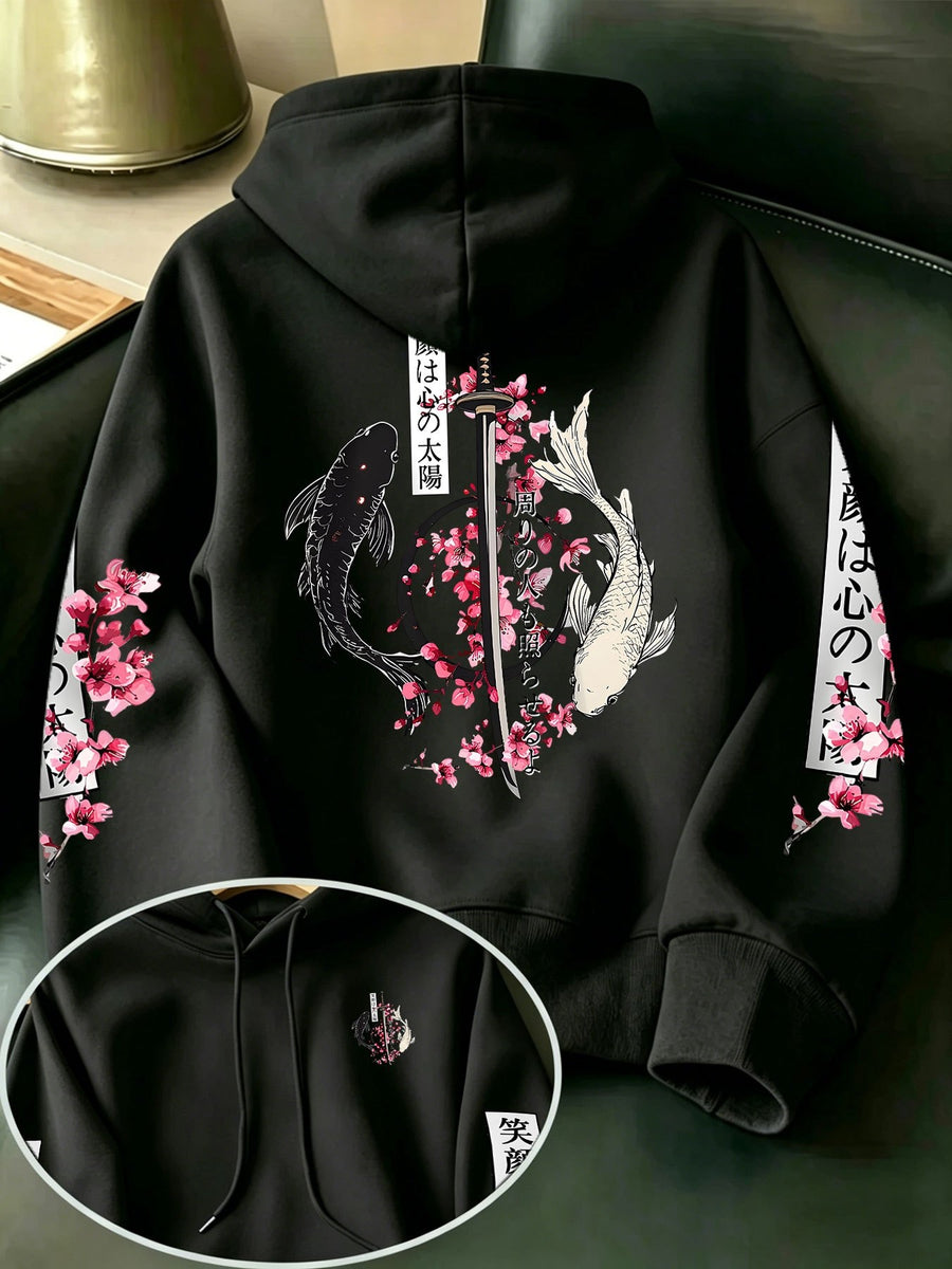 Men's New Fashion Hooded Sweatshirt, Cherry Blossom Samurai Sword Yin Yang Koi Japanese Washoku Style Print with Multi-Pattern Design, Large Pocket Hoodie with Adjustable Drawstrings, Comfortable and Versatile Pullover Hoodie with Kangaroo Pocket - Black