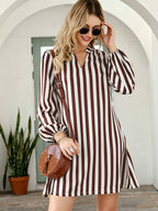 Women'S Friends Kasaya Striped Slit Neck Waist-Cinching Dress - Coffee Brown