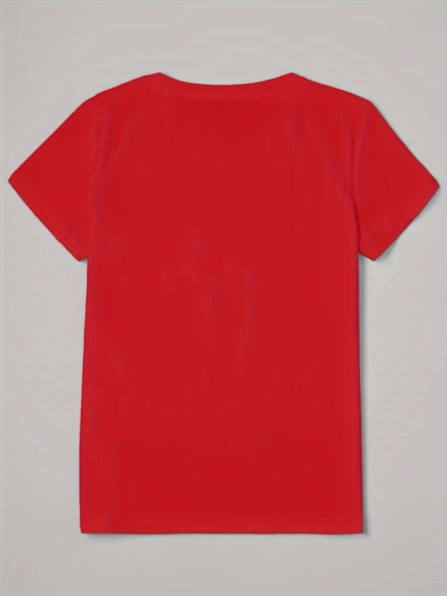 Calvin, Spring and Summer Graphic Print T-shirt, Short Sleeve Crew Neck Casual Top for Summer & Spring, Women's Clothing - Red