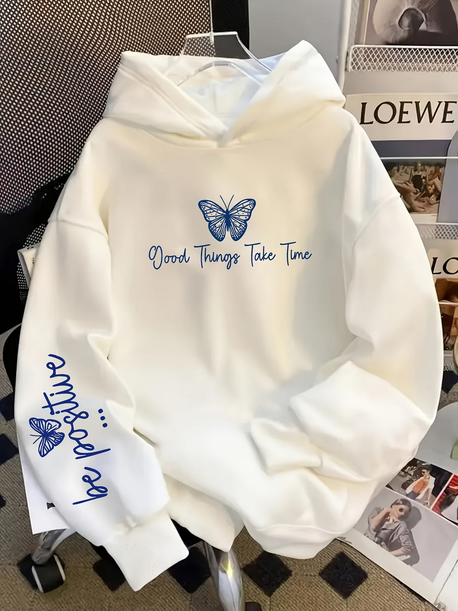 Vintage Slogan and Butterfly Print Long-Sleeve Sweatshirt, Suitable for Daily Casual Wear, Outdoor Picnics, Street Photography, and Use, Applicable for Autumn and Winter Seasons - White