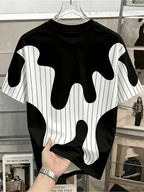 Men'S Casual Round Neck T-Shirt, Geometric Pattern Patchwork Striped Design, "Chicago" Word Pattern, Drapey Fashion Top, All-Season Wear, Breathable Regular Fit for Casual And Formal Outfits - Round Neck Casual Top, Comfortable Wear - Black