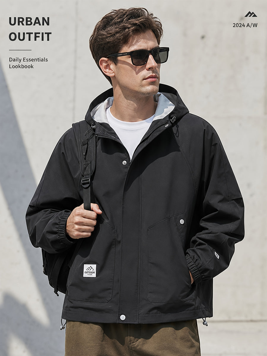 Men'S Lightweight Hooded Jacket, Casual Full-Zip Coat with Adjustable Hood And Flap Pockets, Suitable for Autumn And Winter Casual Wear - Black