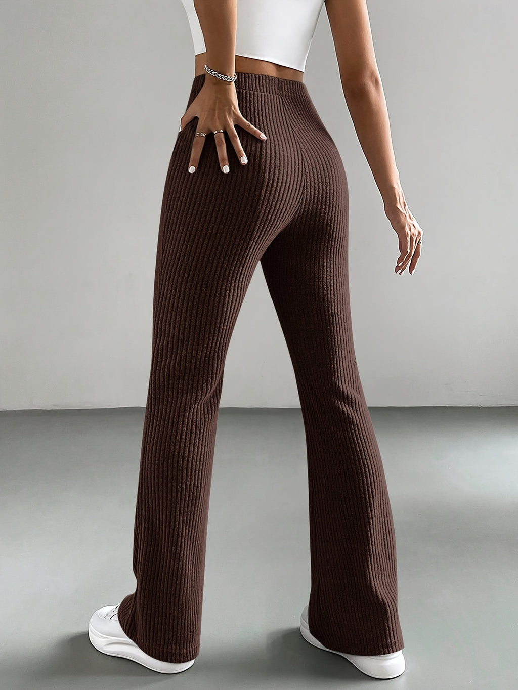High-Waisted, Elastic Waist Straight-Leg Pants in Light with Small Ribbed Texture And a Slight Flare - Coffee Color