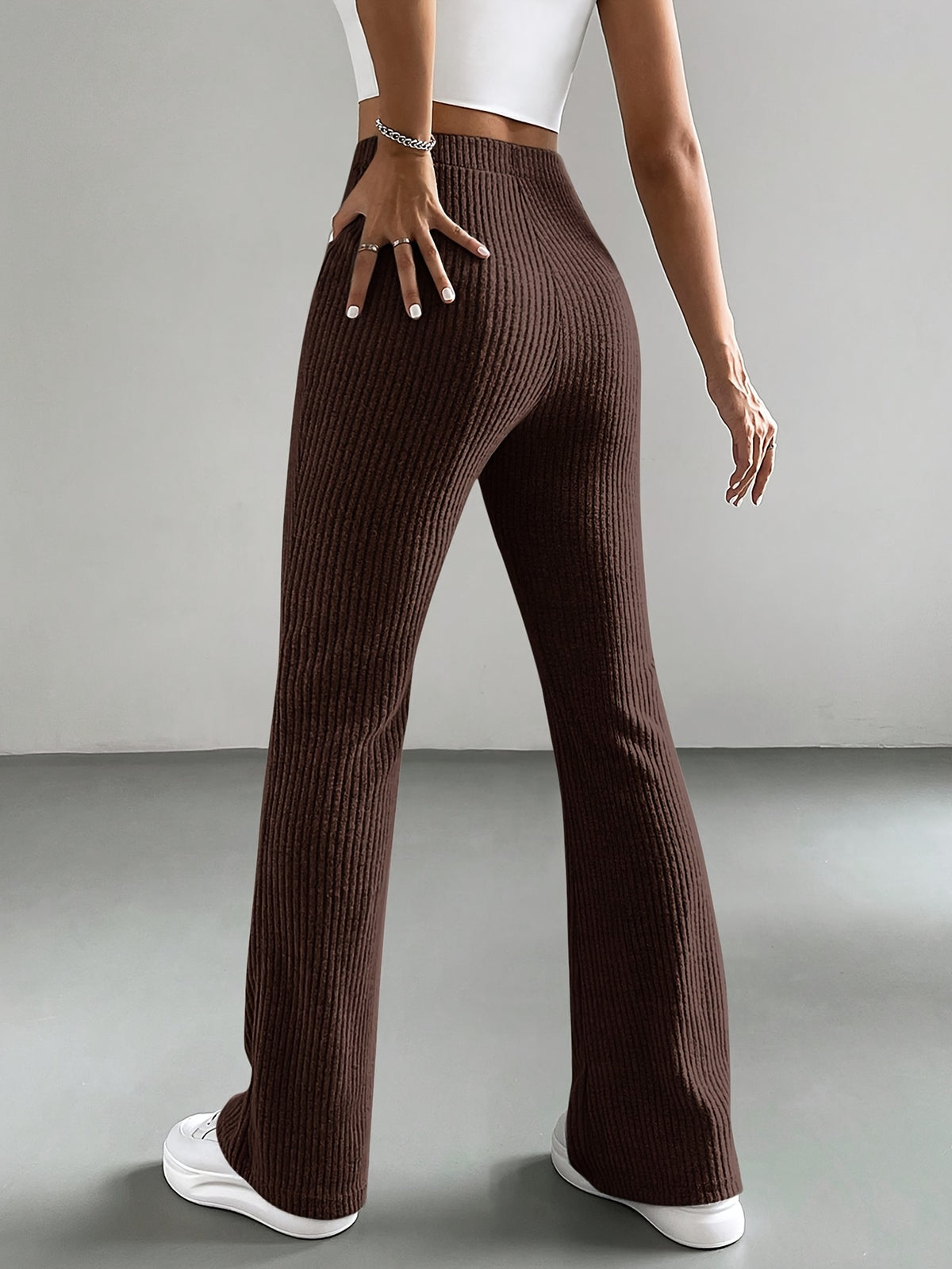 High-Waisted, Elastic Waist Straight-Leg Pants in Light with Small Ribbed Texture And a Slight Flare - Coffee Color