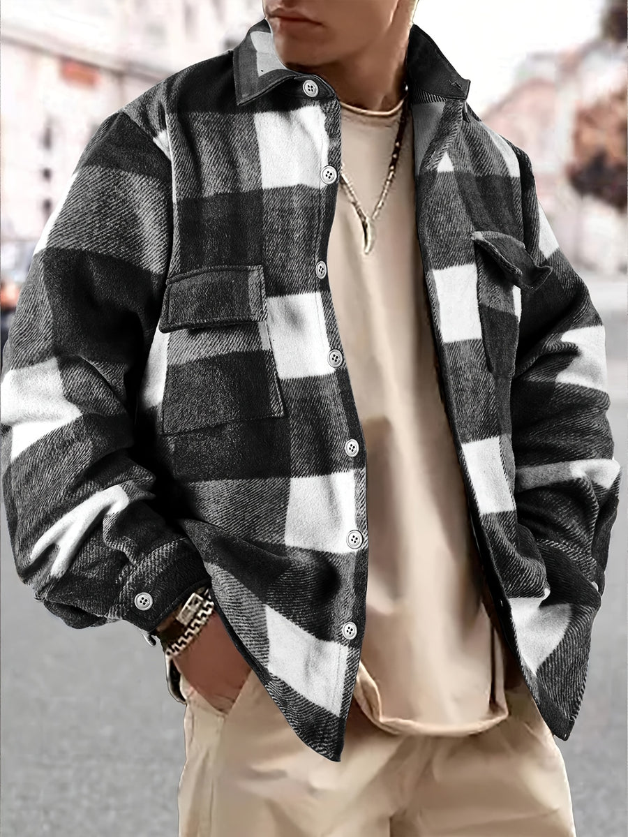 Autumn/Winter Men's Casual Jacket, Vintage Plaid Lapel Long-Sleeve Shirt Top, Button-Up Cardigan Outerwear, Chest Pocket Design, for Outdoor Sports and Daily Wear, Stylish and Versatile Style - Black
