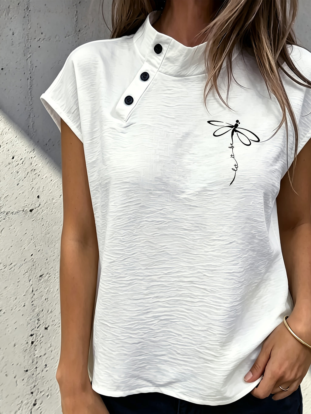 Casual Comfortable Elegant Chic Small Stand Collar Button-Up Sleeveless Dragonfly Butterfly Print White Shirt - White No. 2