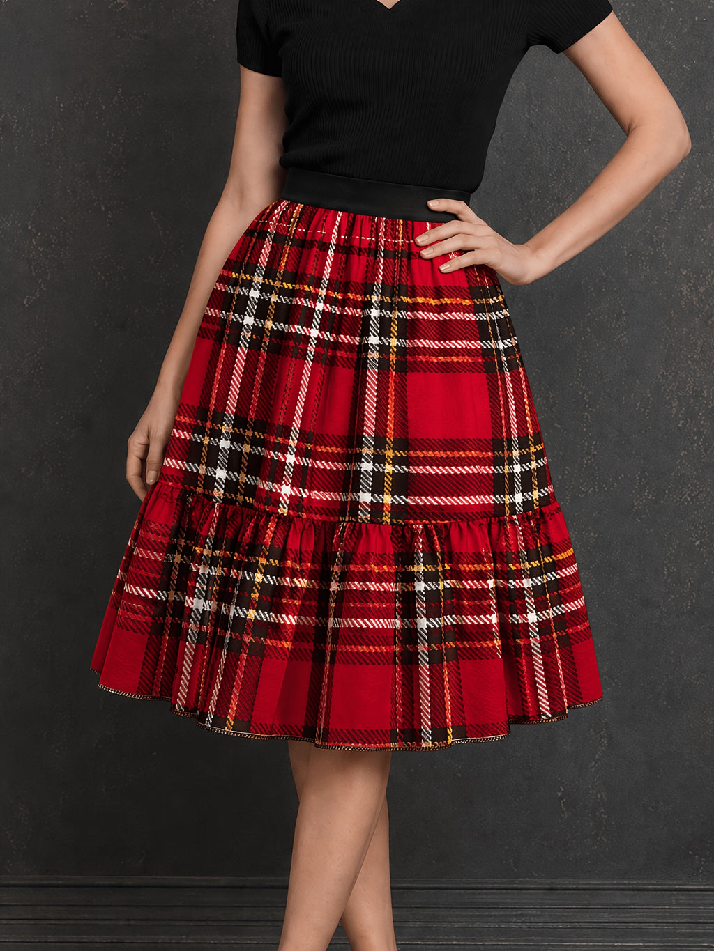 Elegant Party Casual Vacation Print Elastic Waist Red Plaid Print Skirt - Mixed colors