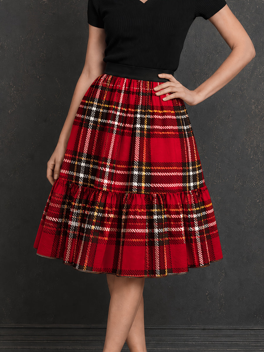 Elegant Party Casual Vacation Print Elastic Waist Red Plaid Print Skirt - Mixed colors