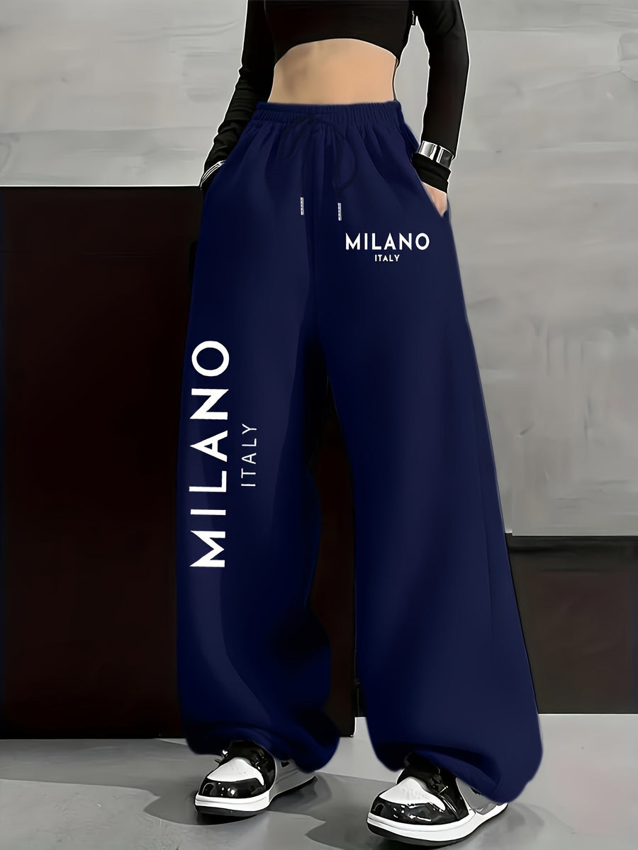 MILANO ITALY Left Large Right Small Print, Autumn Winter Fashion Casual Women's -Lined Long Pants, Solid Color Drawstring s Pants, Casual Loose Fit Sweatpants, Women's Fashion - Navy Color