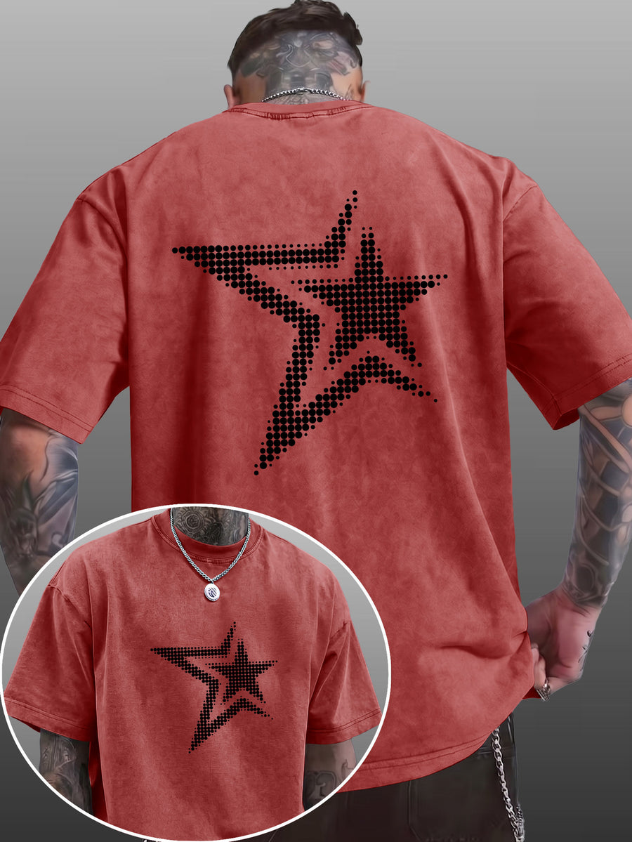 Men's Short-Sleeve T-Shirt, Pure Cotton Loose Fit Washed Distressed Half-Sleeve Top, Dot Matrix Overlapping Double Five-Star Trendy Reverse Double-Sided Print, Multiple Colors for Mix & Match, American Streetwear High Street Hip-Hop Y2K National - Burgundy