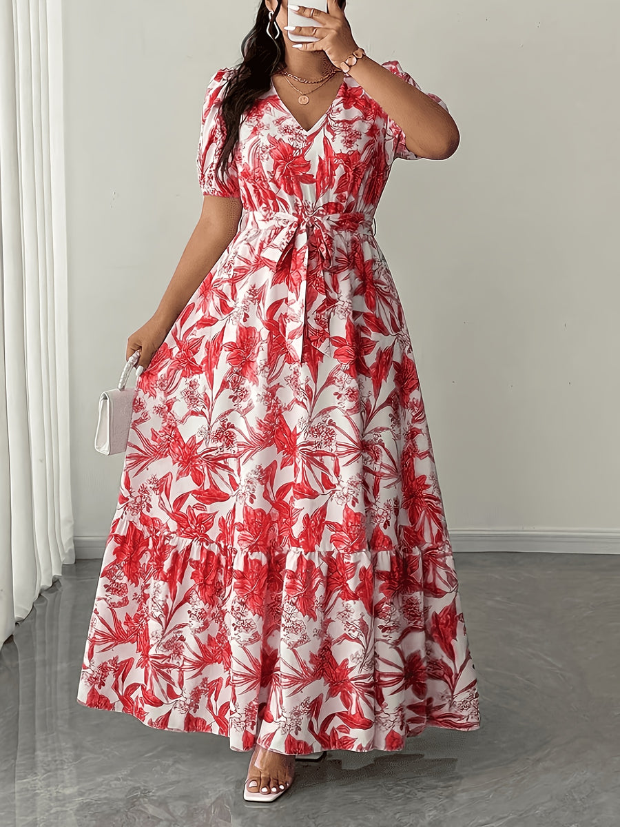 Plus Size - Elegant V-Neck Printed Tie Short-Sleeved Flared Long Dress, Fashionable Design, Plus-Size Long Dress for Spring, Summer And Autumn, Plus-Size Vacation Dress - Dusty Rose