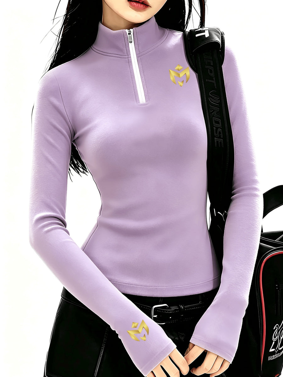 Women's Soft Stretchy Semi-High Neck Printed Bodycon Top, Thickened Warm Long Sleeve, Autumn/Winter Casual Layering T-Shirt - Taro Purple