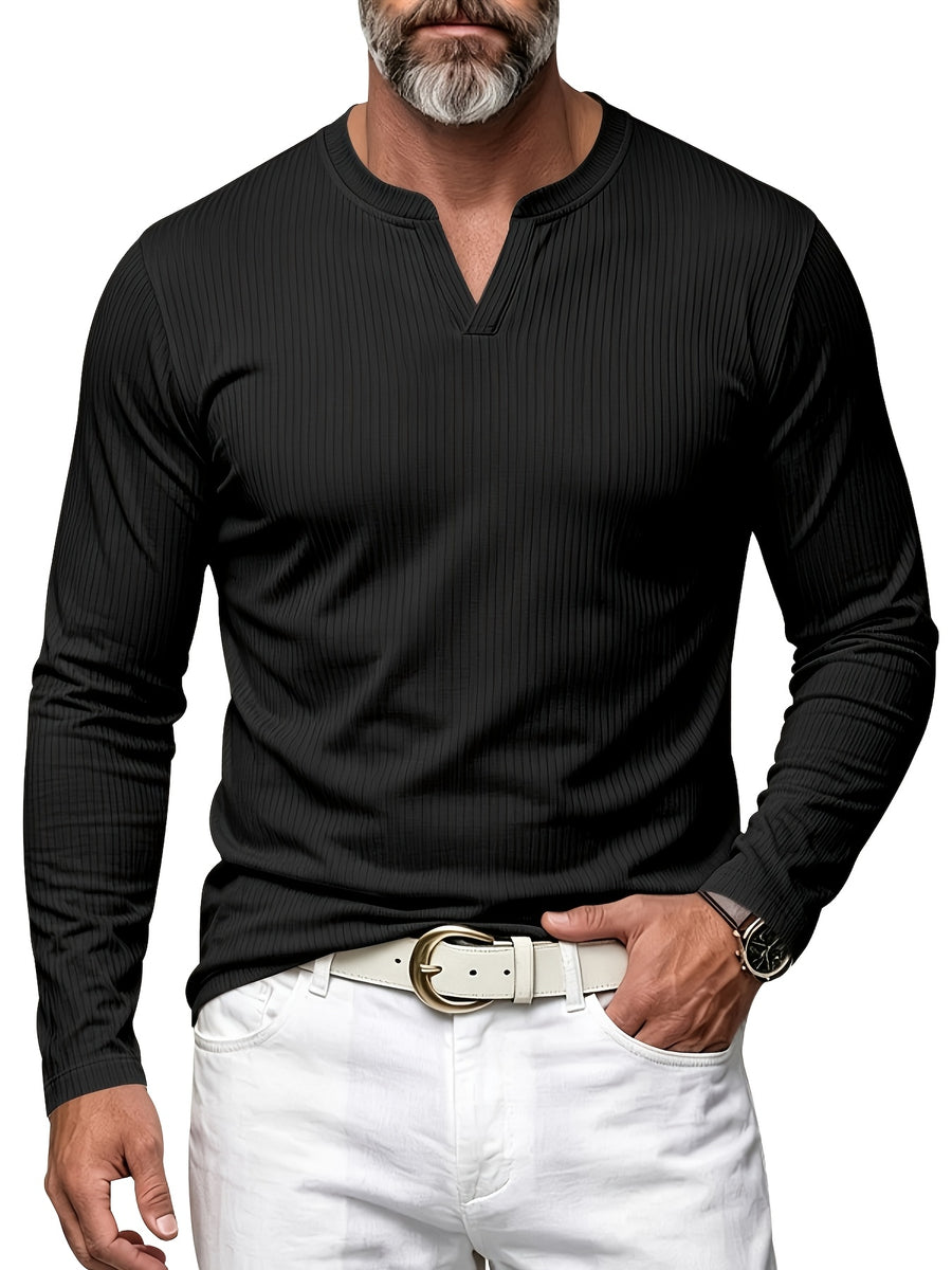 Men's Vertical Pin-Stripe V-Neck Henley Long-Sleeve T-Shirt, Slim Fit Stretch Textured Top, Spring/Autumn Casual Base Layer Men's Apparel - Black