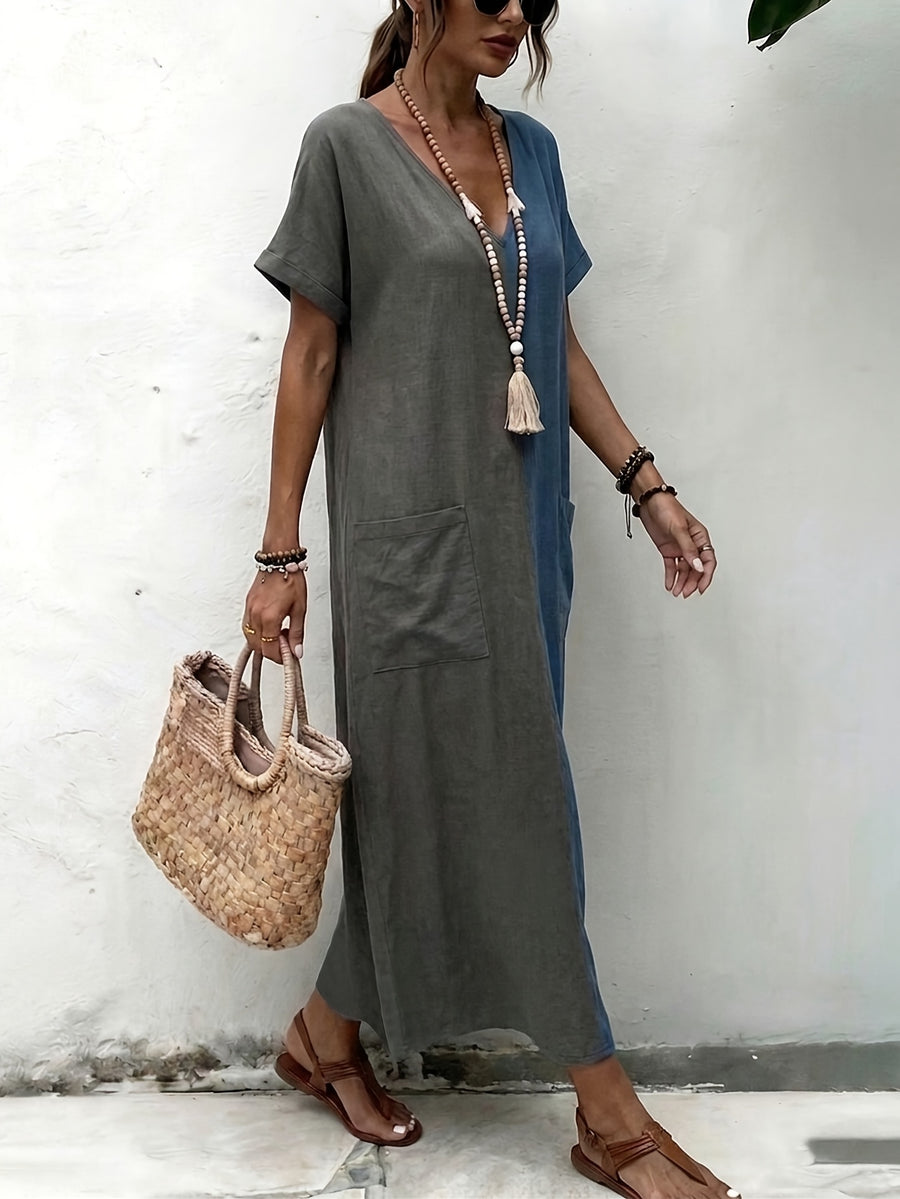 Plus Size, Bohemian Color-Block Vacation Style Patchwork Maxi Dress, V-Neck Loose Fit Fashionable Vintage Plus Size Dress - Dark Gray