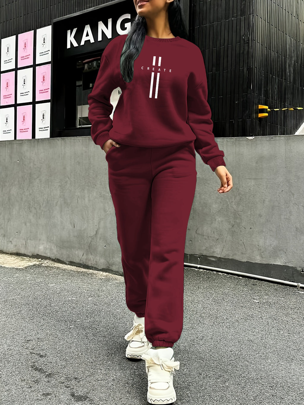 Women'S Autumn Winter Two-Piece Set, Easy Pattern Sweatshirt And Jogger Pants - Burgundy