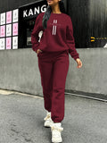 Women'S Autumn Winter Two-Piece Set, Easy Pattern Sweatshirt And Jogger Pants - Burgundy