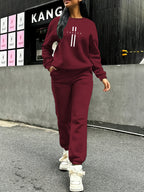 Women'S Autumn Winter Two-Piece Set, Easy Pattern Sweatshirt And Jogger Pants - Burgundy