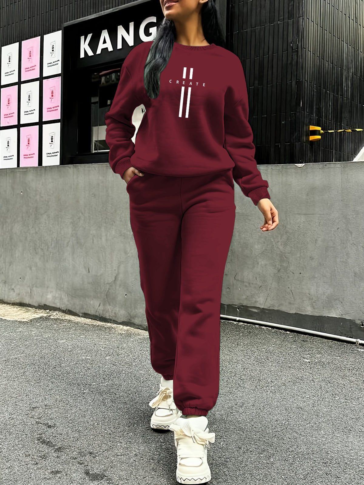Women'S Autumn Winter Two-Piece Set, Easy Pattern Sweatshirt And Jogger Pants - Burgundy