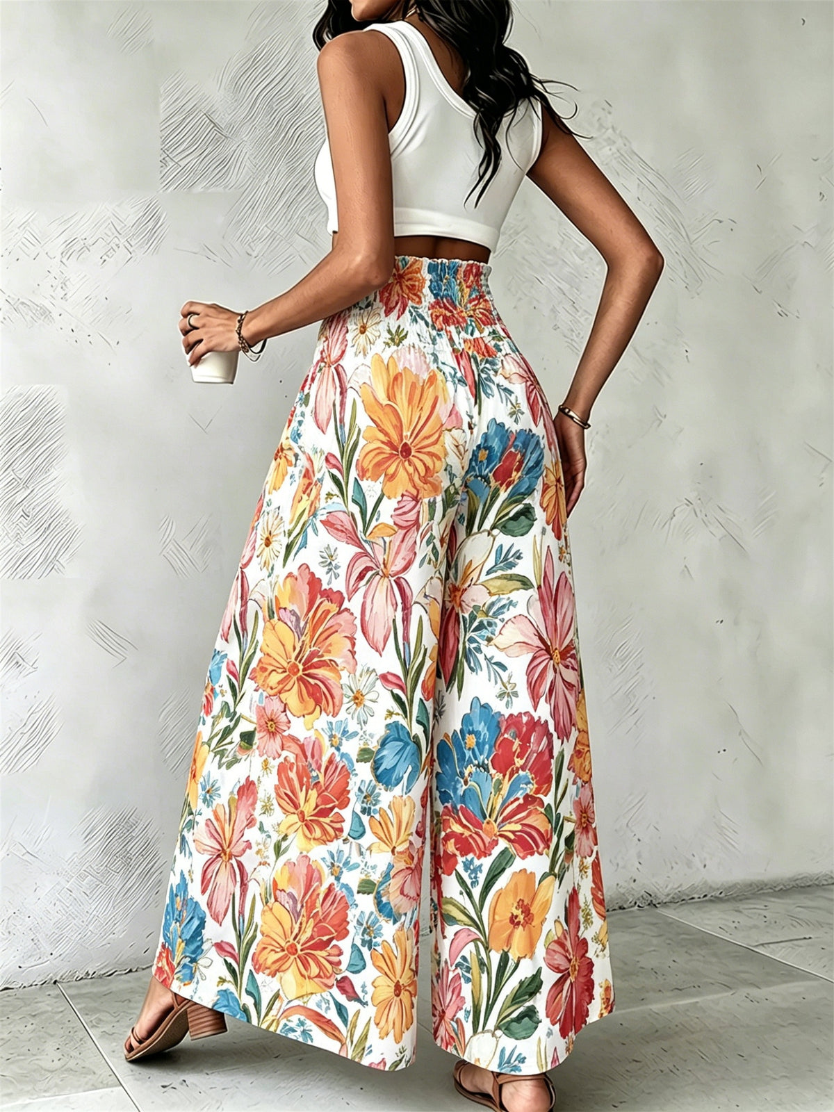 Women'S Floral Print Wide-Leg Pants High-Waist Ruched Waist Bohemian Style Long Trousers Flowy Vacation Pants - Multicolor 3