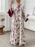 Plus Size Floral Print Lace-Up Gown with Slit and Flared Sleeves - The color of rouge