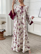 Plus Size Floral Print Lace-Up Gown with Slit and Flared Sleeves - The color of rouge