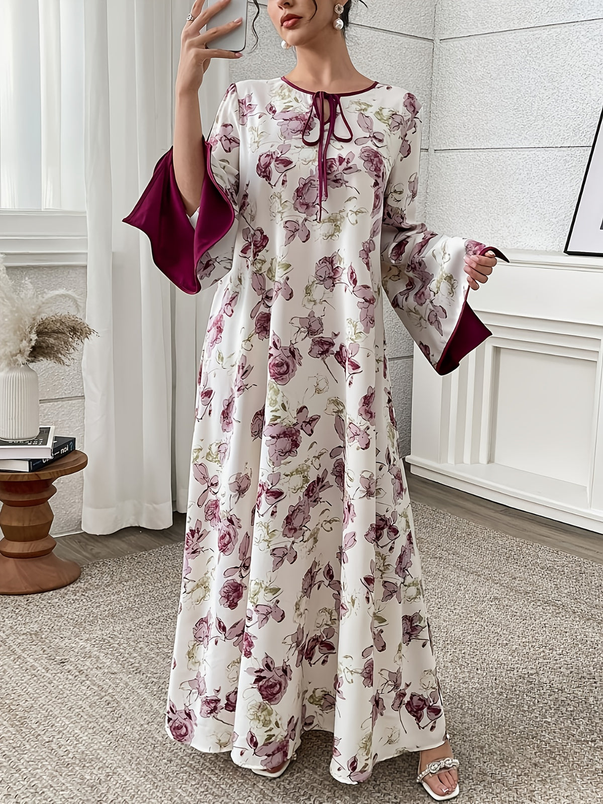 Plus Size Floral Print Lace-Up Gown with Slit and Flared Sleeves - The color of rouge