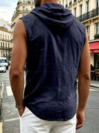 Pearson OBM Men's Sleeveless Hooded Shirt, Upgraded Textured Comfortable and Breathable Fabric Hooded Vest, Men's Linen Fashion Hoodie, Summer Top Casual and Lightweight with Button and Drawstring, Suitable for Outdoor Activities, Beach, and Coast - MT Navy Blue
