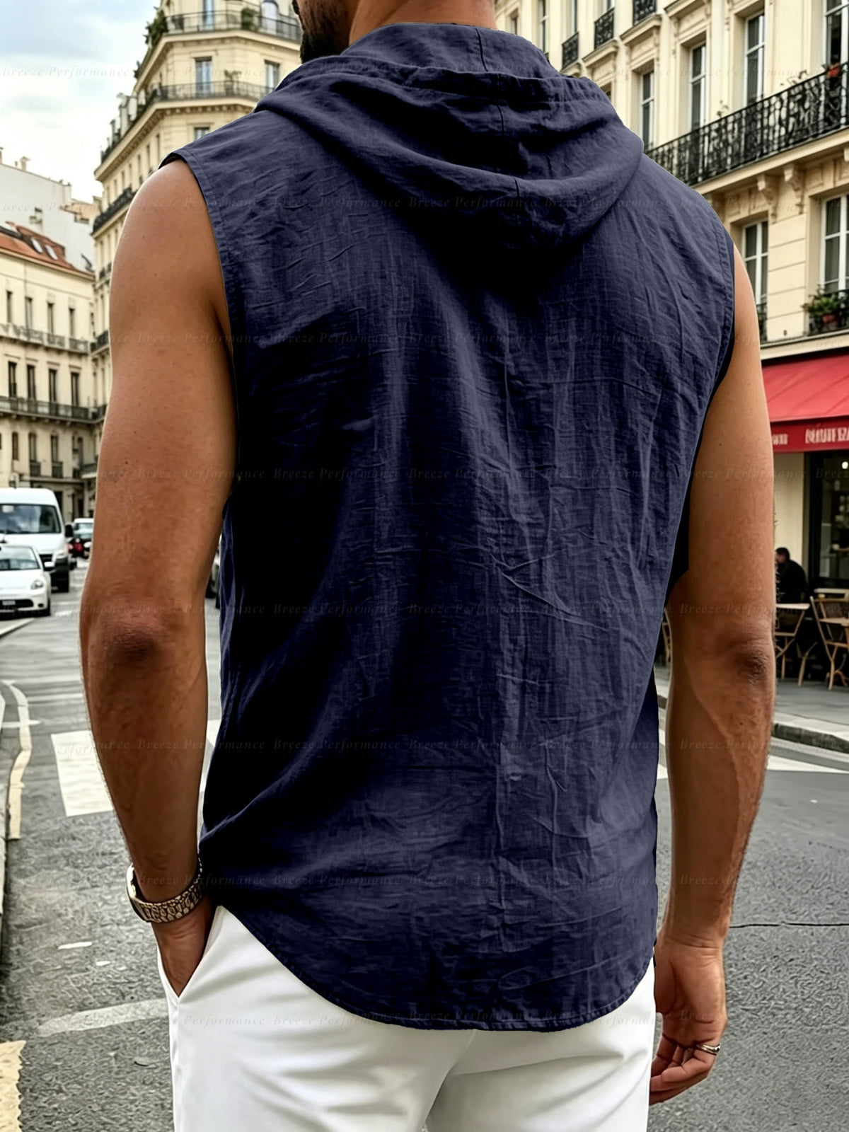Pearson OBM Men's Sleeveless Hooded Shirt, Upgraded Textured Comfortable and Breathable Fabric Hooded Vest, Men's Linen Fashion Hoodie, Summer Top Casual and Lightweight with Button and Drawstring, Suitable for Outdoor Activities, Beach, and Coast - MT Navy Blue