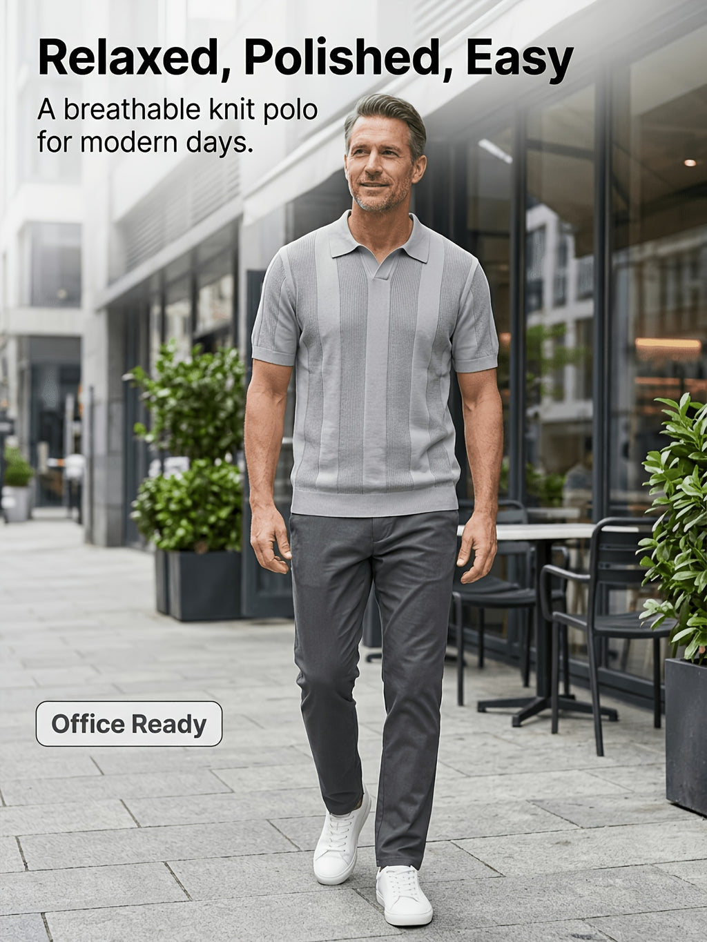 Men'S 3pcs Old Money Johnny Collar Vertical Textured Knit Polo Shirts, Breathable Casual Short Sleeve Tops, Multi-Color Set for Business Golf Vacation Summer Wear - White-Grey-Khaki