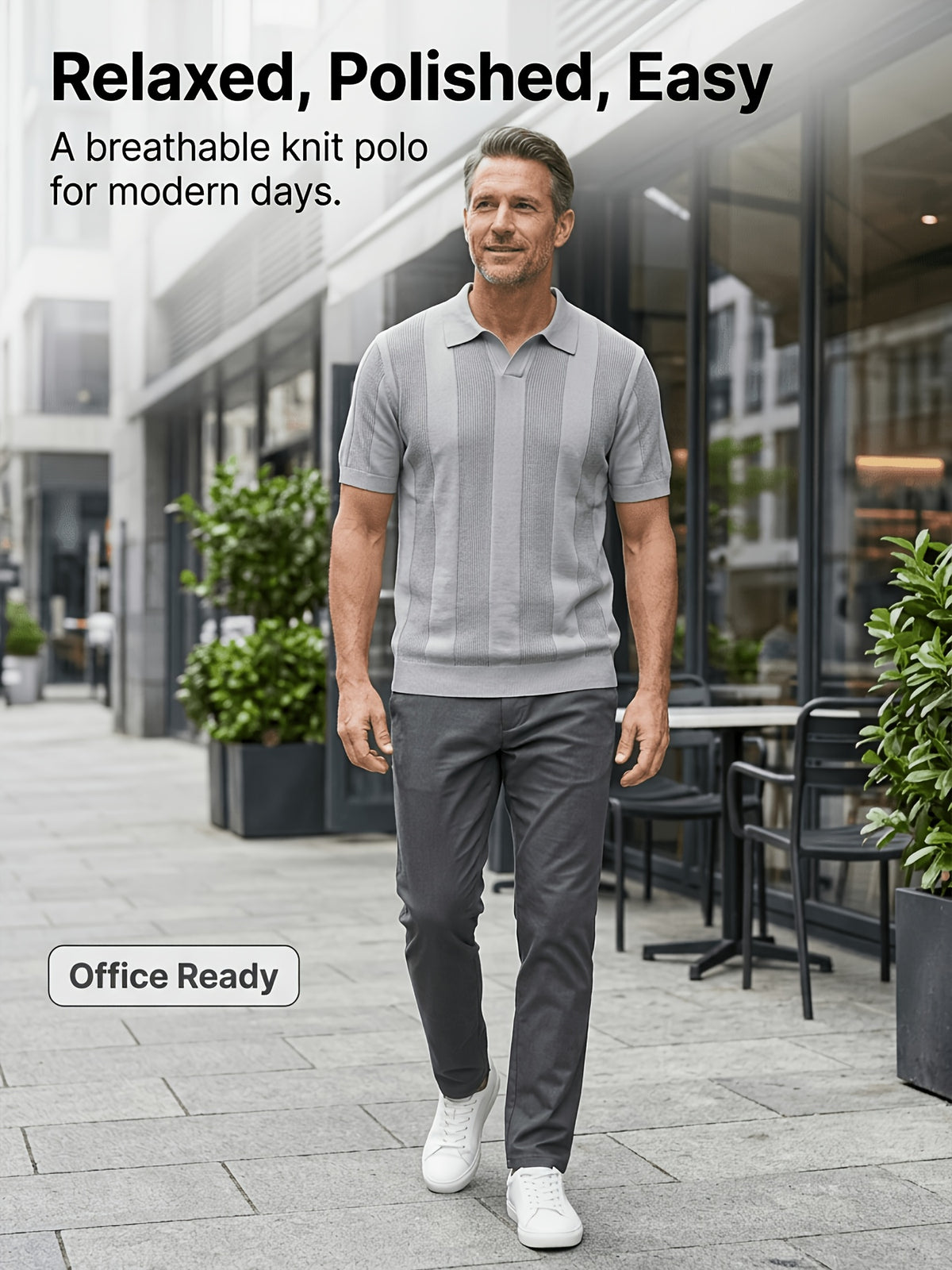 Men'S 3pcs Old Money Johnny Collar Vertical Textured Knit Polo Shirts, Breathable Casual Short Sleeve Tops, Multi-Color Set for Business Golf Vacation Summer Wear - White-Grey-Khaki