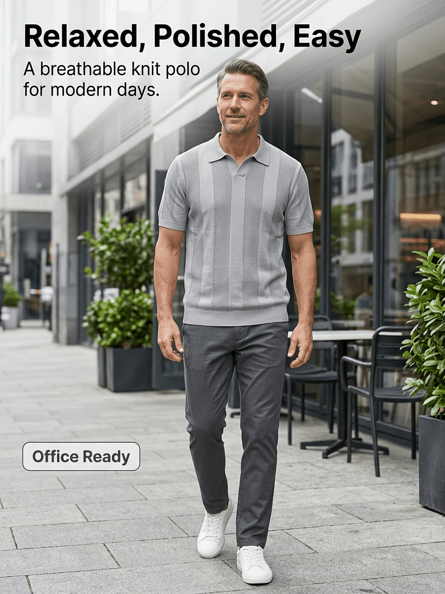 Men'S 3pcs Old Money Johnny Collar Vertical Textured Knit Polo Shirts, Breathable Casual Short Sleeve Tops, Multi-Color Set for Business Golf Vacation Summer Wear - White-Grey-Khaki