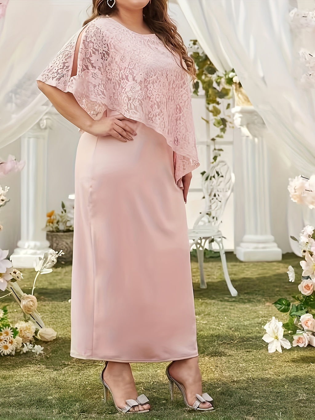 Elegant Solid Color Round Neck Short Sleeve High-Waist A-Line Dress, Suitable for Work, Casual, and Parties, a Versatile Bridesmaid Dress with a Graceful Attitude - pink