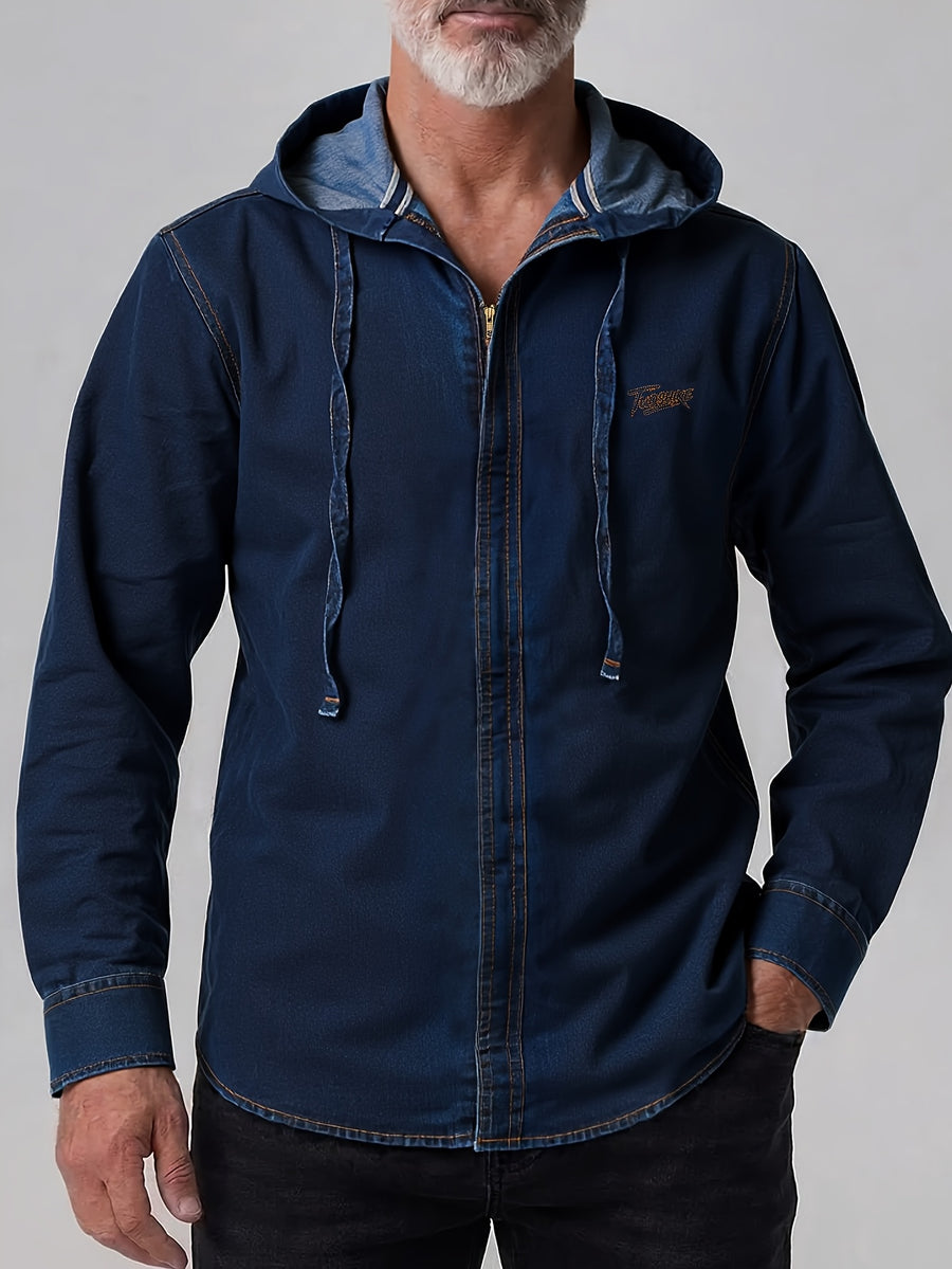 Original New Style Men'S Hooded Denim Shirt, Spring Autumn Tie-Dye Denim Jacket, American Retro Handmade Washed Distressed Texture Design, Zippered Long Sleeve Denim Coat, Casual Versatile Fit - Royal Blue