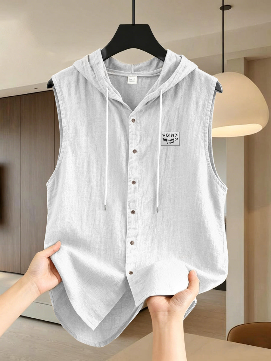 Pearson OBM Men's Sleeveless Hooded Shirt, Upgraded Textured Comfortable and Breathable Fabric Hooded Vest, Men's Linen Fashion Hoodie, Summer Top Casual and Lightweight with Button and Drawstring, Suitable for Outdoor Activities, Beach, and Coast - White