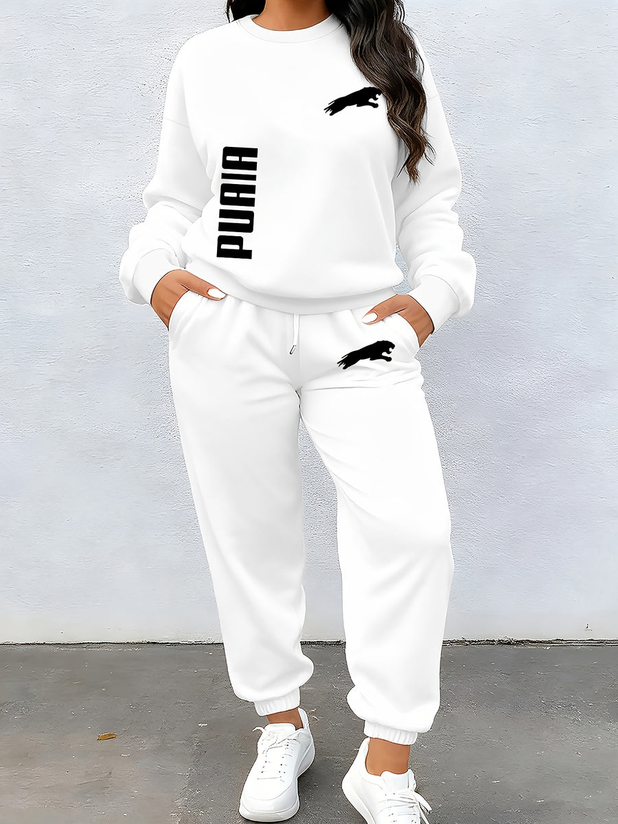 PUAIA Logo, Autumn/Winter Long Sleeve And Pants 2pcs Set, Sweatshirt Ankle-Cinching Trousers Easy Casual Home Commute Women'S Clothing! - White