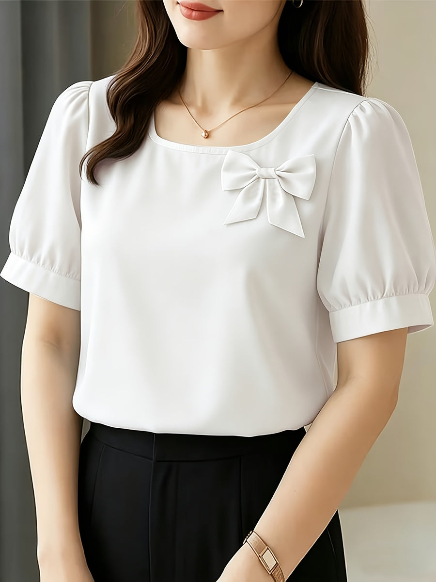 Elegant Casual Square Neck Short Sleeve Shirt with Bow and Puff Sleeves, Solid Color Top - White