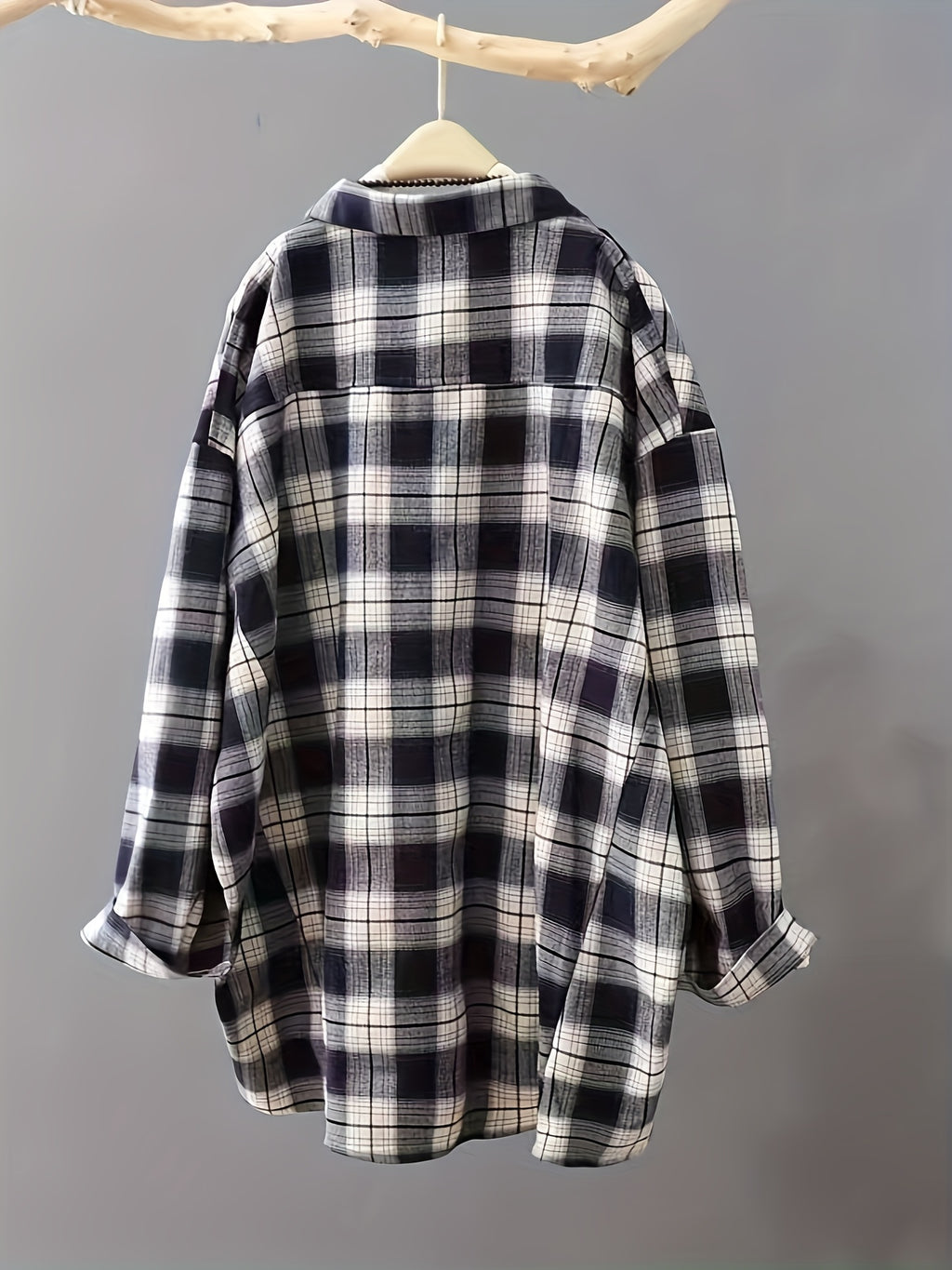 Women's Loose Black and White Plaid Shirt Long Sleeve Casual Commuter Pocket Top Wrinkle-Free Spring Autumn Outerwear - Black And White