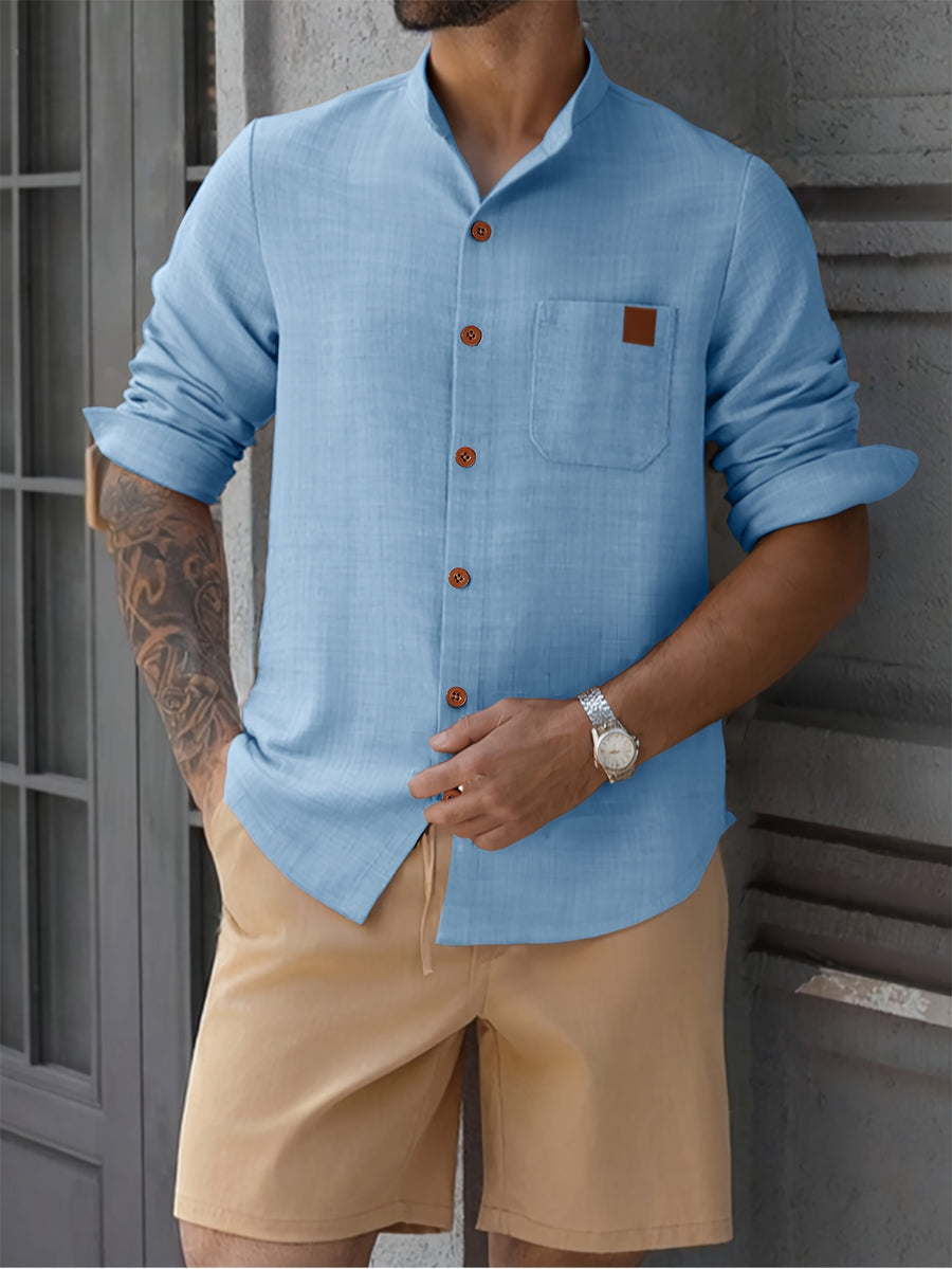 Men's Simple Solid Color Shirt with Stand Collar and Long Sleeves - Blue
